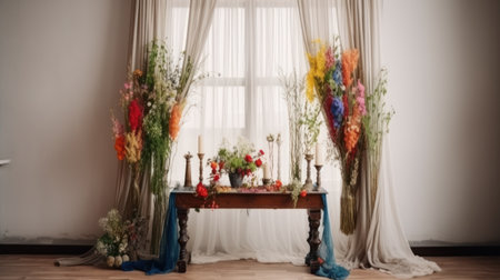 Wedding decoration with bouquet of flowers and candles on tableの素材