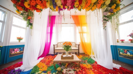 Wedding decoration with colorful flowers in the interior of a roomの素材