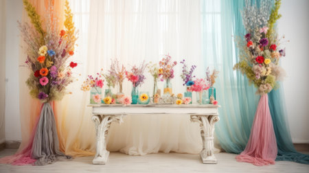 Beautiful bouquet of colorful flowers on the table in the roomの素材