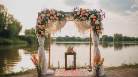 wedding ceremony arch on the bank of the river at sunsetの素材