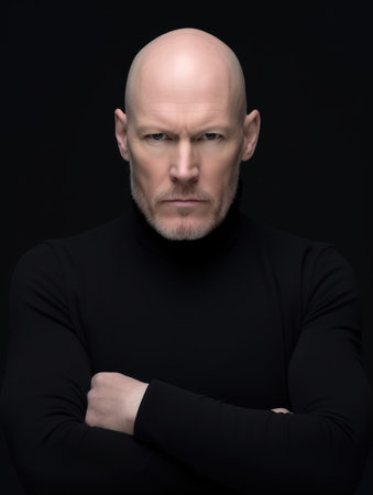 Portrait of a bald man in a black sweater on a black backgroundの素材
