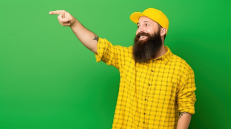 Bearded man wearing yellow checkered shirt and cap pointing finger to the sideの素材