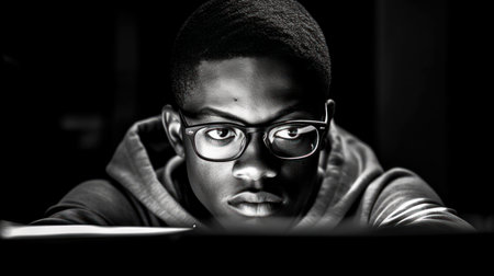 Young african american man in eyeglasses reading a bookの素材