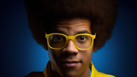 African american man with afro hairstyle and yellow glasses on blue backgroundの素材