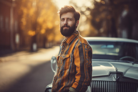 Hipster man with beard and mustache on the street. Portrait of a handsome young man with a beard on the background of an old car.の素材