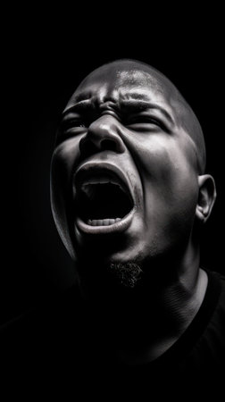 Black and white portrait of a screaming man on a black background.の素材