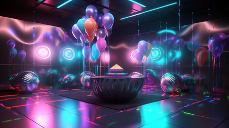 3d rendering of a nightclub with balloons and a cake in the foregroundの素材