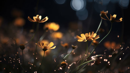 Beautiful yellow cosmos flowers in the garden at night, soft focus.の素材