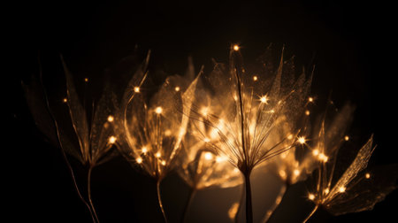 Dandelion seeds on dark background with bokeh lights.の素材
