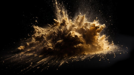 Explosion of yellow dust on a black background. 3d renderingの素材