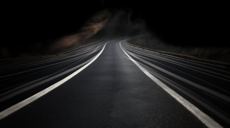 3d illustration of an empty asphalt road in a foggy nightの素材