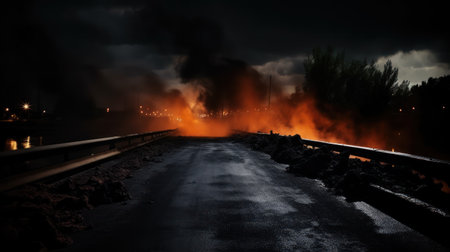 Burning asphalt road in the middle of the city at night.の素材
