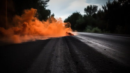 Burning asphalt road with orange smoke on a dark background. Selective focusの素材