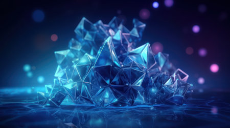 3D rendering of abstract blue crystal object on dark background with bokehの素材