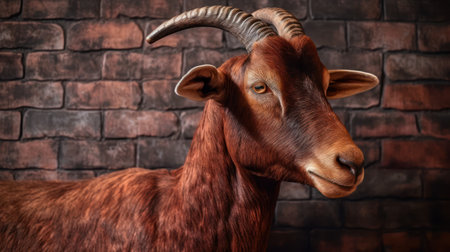 Portrait of a goat on a brick wall background. Studio shotの素材