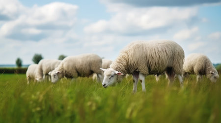 Sheep in a green meadow in springtime. Sheep on a meadowの素材