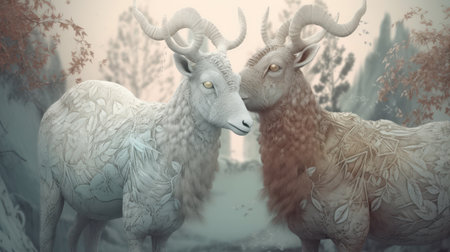 Two sheep in the winter forest. 3D illustration. Vintage style.の素材
