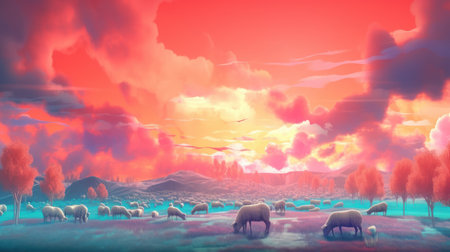 Fantasy landscape with flock of sheep at sunset. 3D illustrationの素材