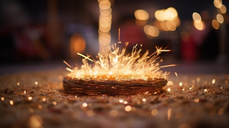 Burning sparklers in a basket on a background of bokehの素材