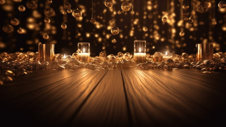 Christmas and New Year background with golden bokeh lights and candlesの素材