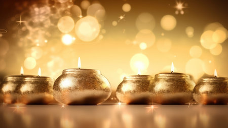 3d rendering of golden candles on golden background with bokeh effectの素材