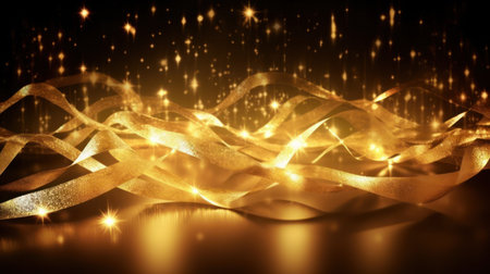 golden christmas background with bokeh lights and ribbonsの素材