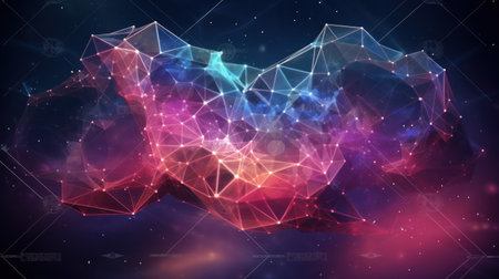 Abstract polygonal shape with connecting dots and lines on dark backgroundの素材