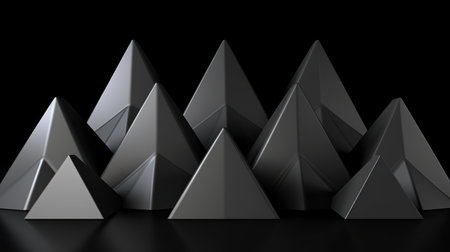 Black pyramids on a black background. 3d rendering. Computer digital drawing.の素材