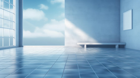 Empty room with blue tiled floor and white bench. 3D renderingの素材