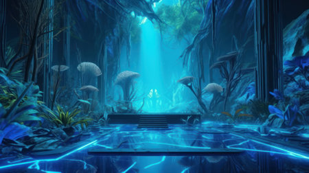 3D rendering of fantasy alien landscape with a bench and a waterfallの素材