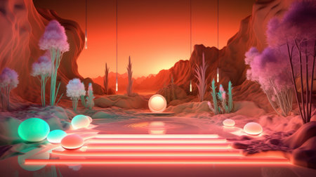 3d render of fantasy landscape with neon lights and planets. Sci-fi sceneの素材