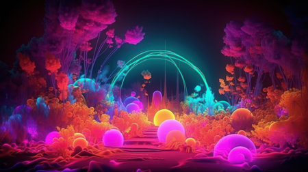 3D Illustration of a Fantasy Landscape with Fire and Fire Balloonsの素材