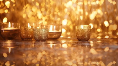 Burning candles on a golden bokeh background. Christmas cardの素材