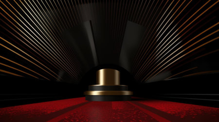 3d rendering of a podium with a golden pedestal on a dark backgroundの素材