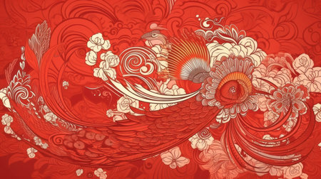 Vector illustration of a fantasy flower pattern in red and gold colors.の素材