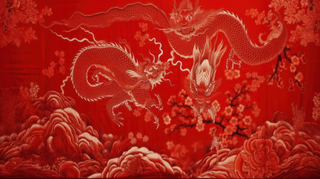 Chinese New Year red dragon and firecracker paper-cut worksの素材