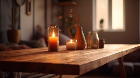 Burning candles on wooden table in living room. Interior design conceptの素材