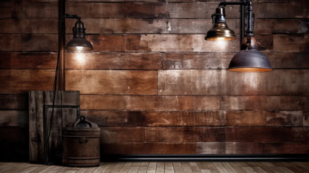 3D render of a dark room with a wooden wall and floorの素材
