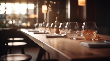 Empty wine glasses on wooden table in restaurant, closeup. Space for textの素材