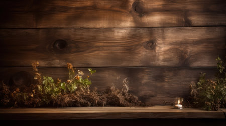 Wooden background with old wooden planks, plants and a candleの素材