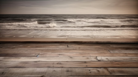Wooden deck on the beach with seascape in the backgroundの素材
