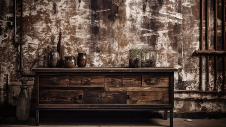 Vintage wooden chest of drawers in an old abandoned house.の素材