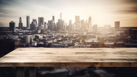 Wooden table top on blurred city background - can be used for display or montage your productsの素材