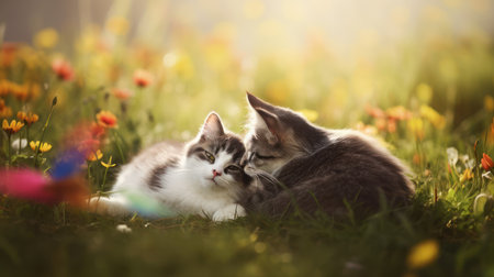 Two kittens lying in a meadow with flowers. Selective focus.の素材