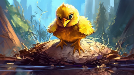 chick sitting on a log in the forest - 3d illustrationの素材
