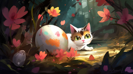 cartoon scene with cat in the forest near the easter egg - illustration for childrenの素材
