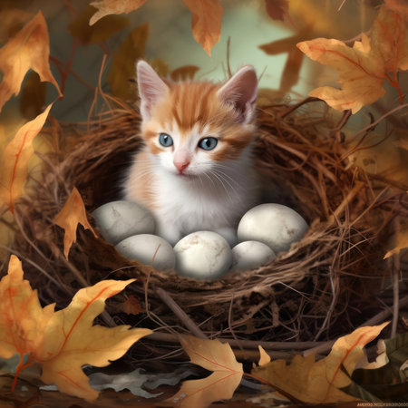 Cute little kitten in nest with eggs on autumn leaves background.の素材