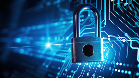 Cyber security concept. Close up of padlock on circuit boardの素材