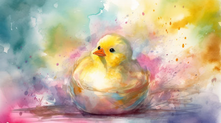 Watercolor painting of cute yellow duckling in a bowl on watercolor backgroundの素材