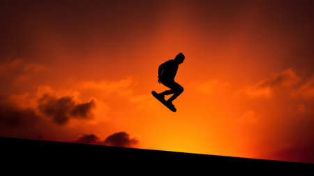 Silhouette of a skateboarder jumping against a sunset skyの素材